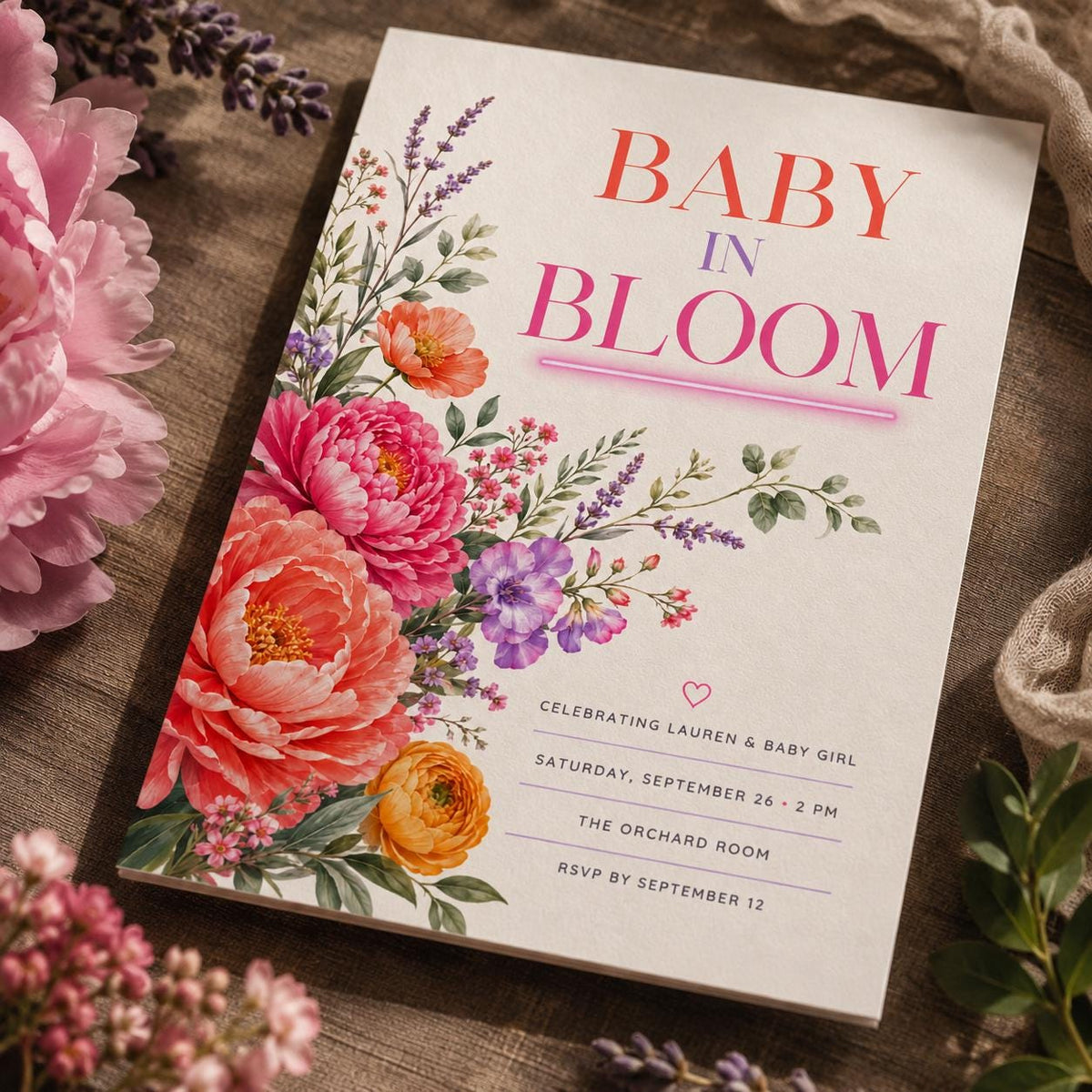 Colorful Modern Baby in Bloom Baby Shower Invitation for Girls — print-ready baby shower design from VoltBy