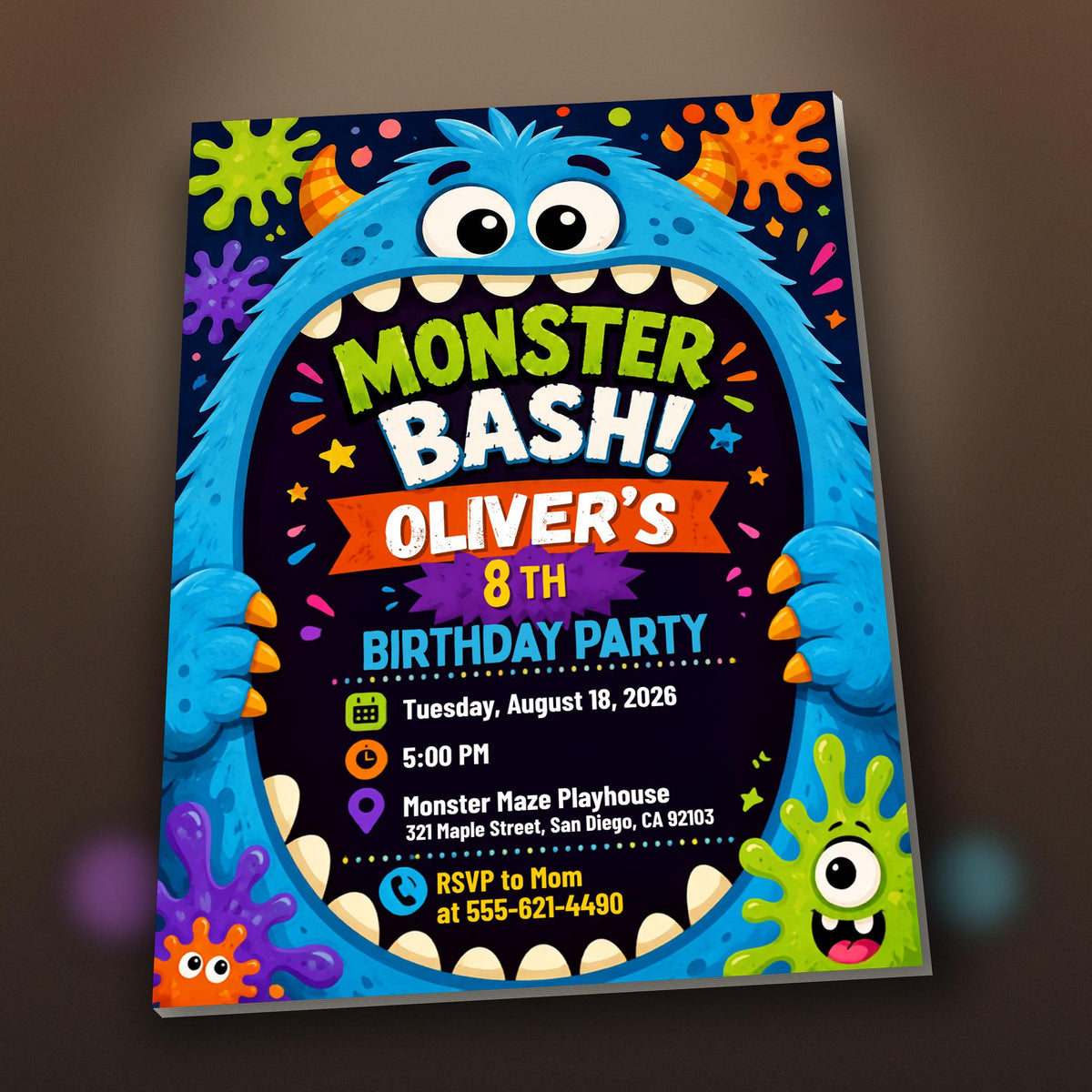 Colorful Monster 8th Birthday Invitation — 8th birthday party stationery by VoltBy