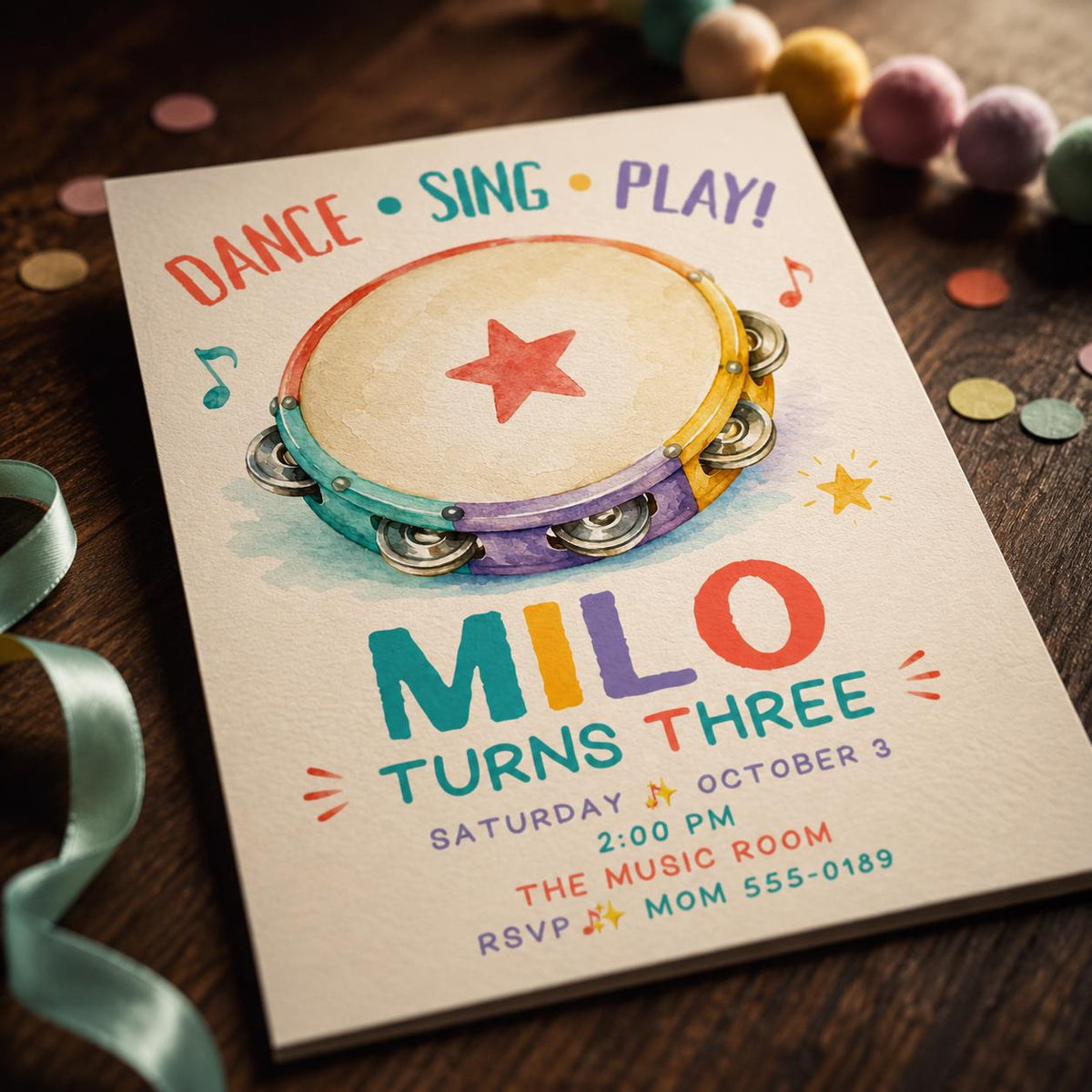 Colorful Music 3rd Birthday Invitation — digital invitation, instant download