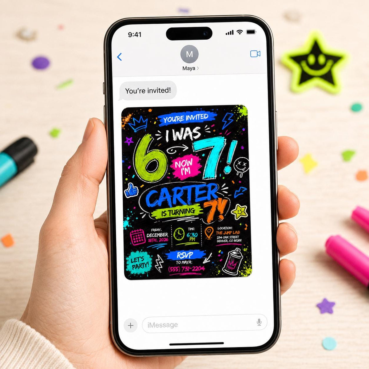 Colorful Neon 7th Birthday Invitation — digital invitation, instant download