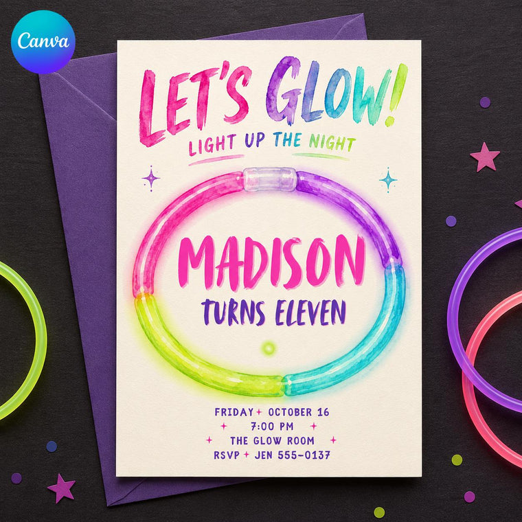 Colorful Neon Glow Party 11th Birthday Invitation