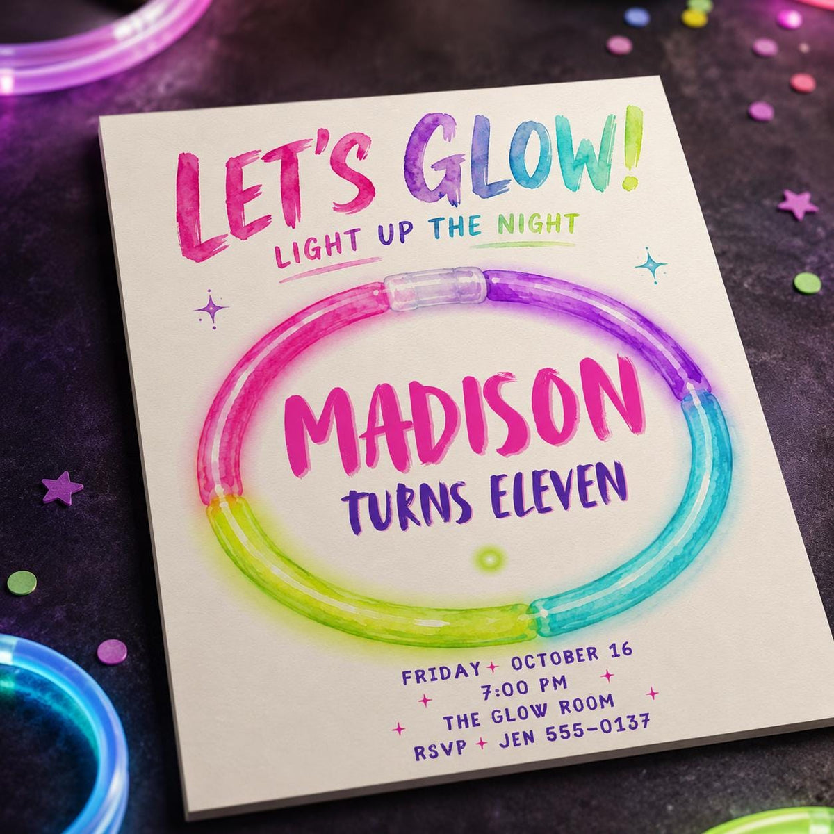 Colorful Neon Glow Party 11th Birthday Invitation — 11th birthday party stationery by VoltBy