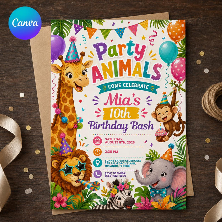 Colorful Party Animals 10th Birthday Invitation