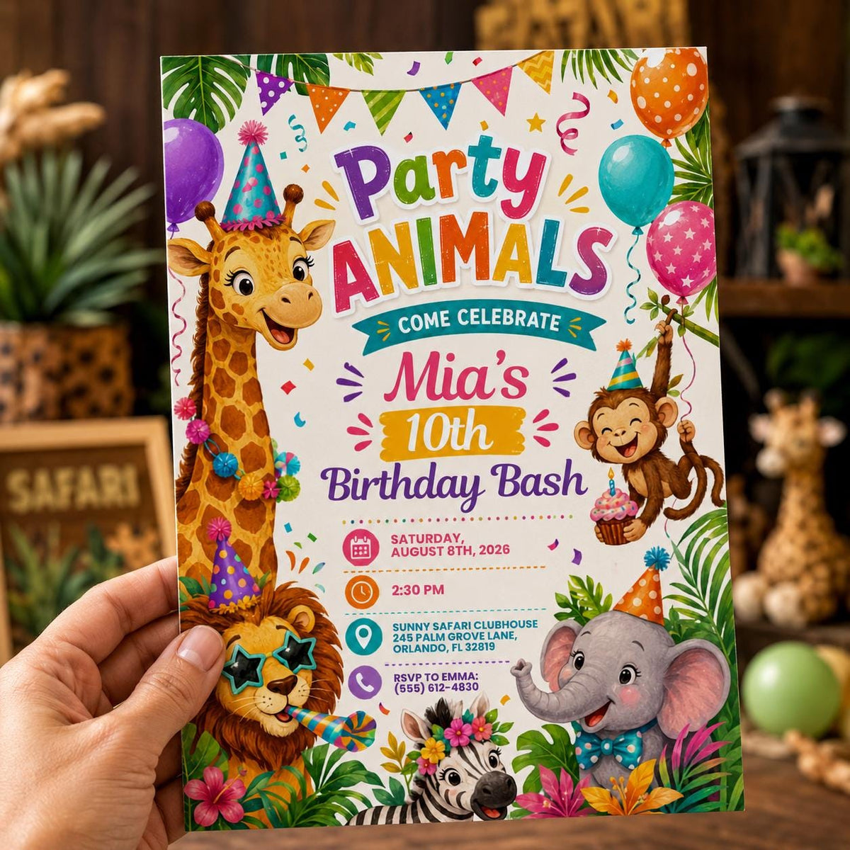 Colorful Party Animals 10th Birthday Invitation — digital invitation, instant download