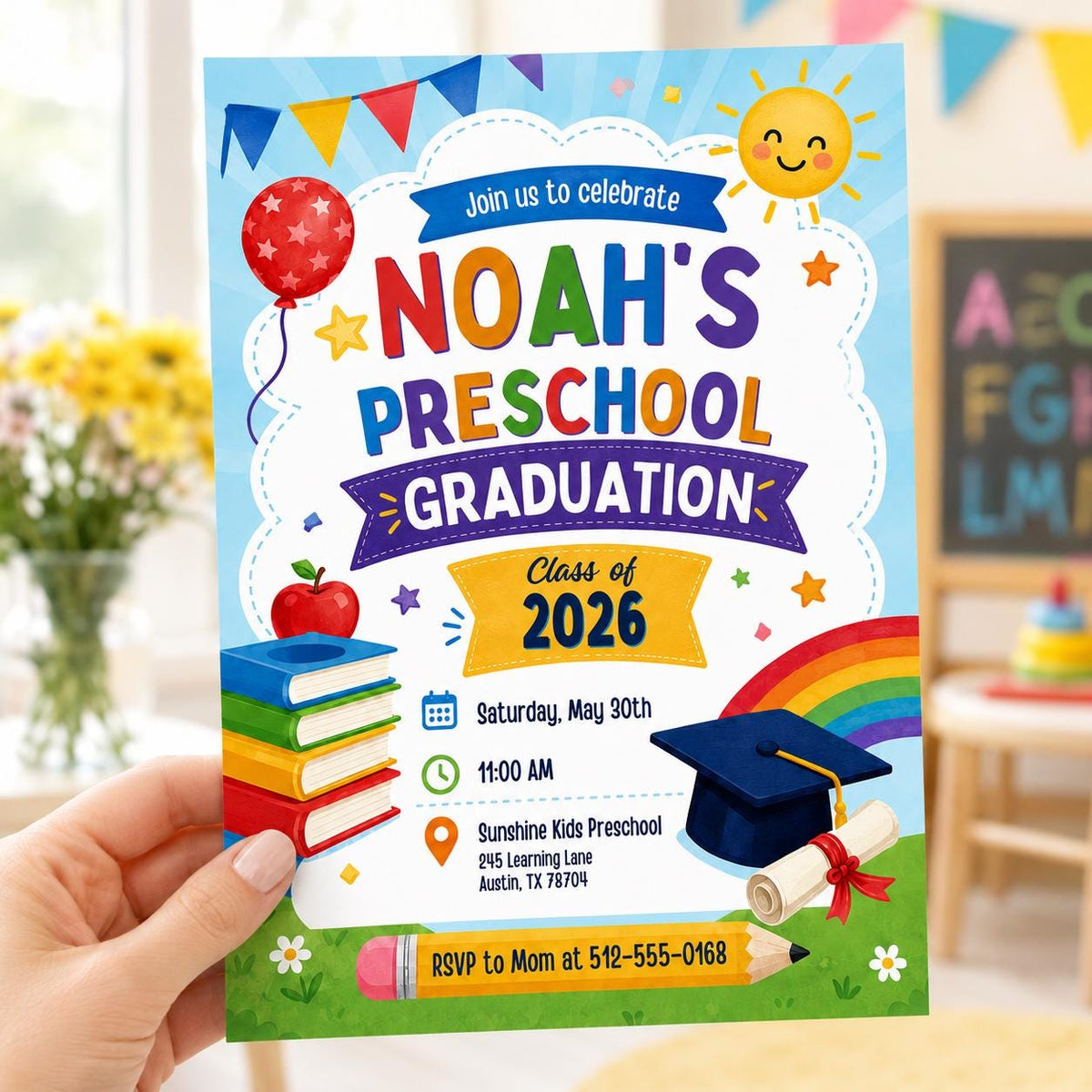 Colorful Preschool Graduation Invitation — graduation party stationery by VoltBy