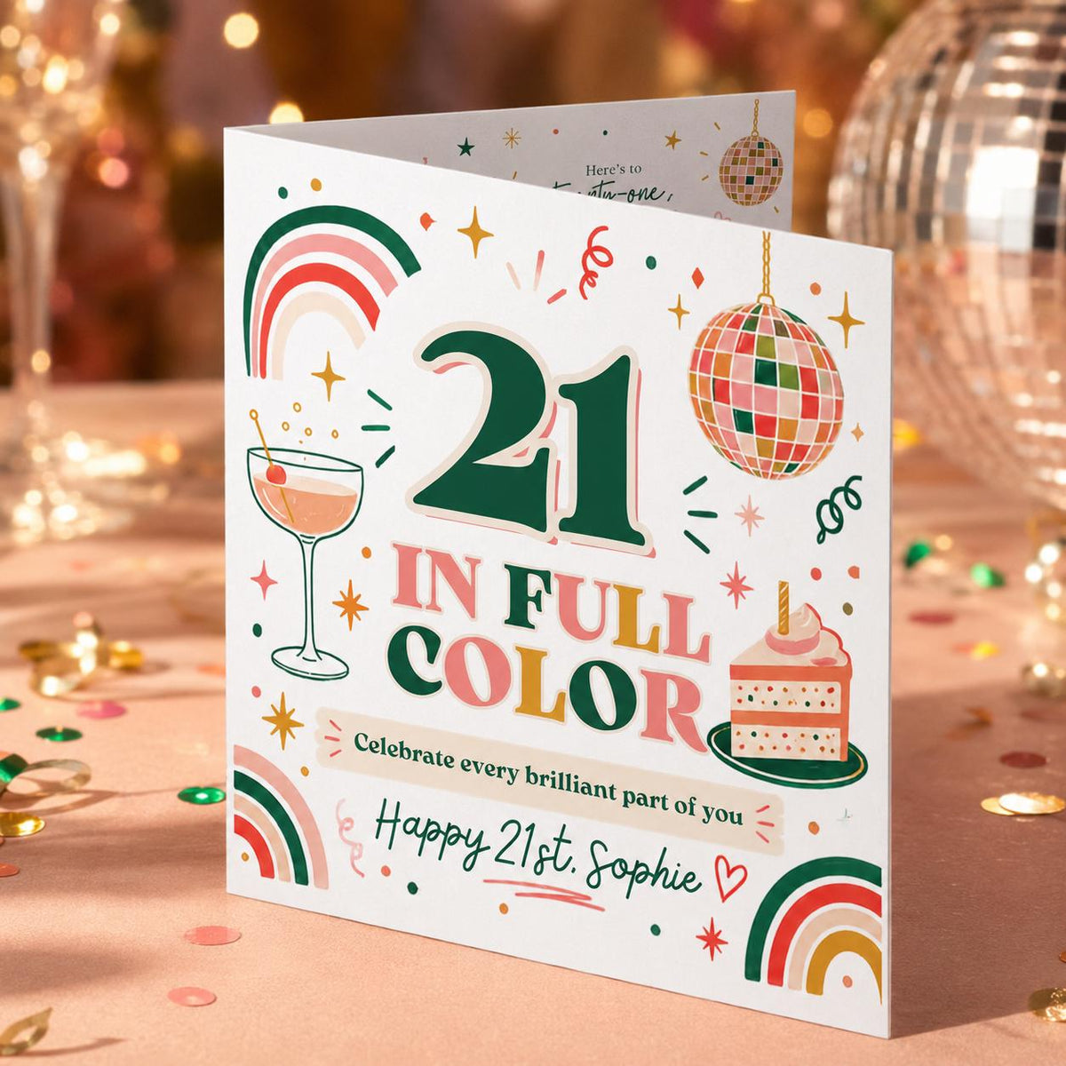 Colorful Retro 21st Birthday Greeting Card for Her — print-ready 21st birthday party design from VoltBy
