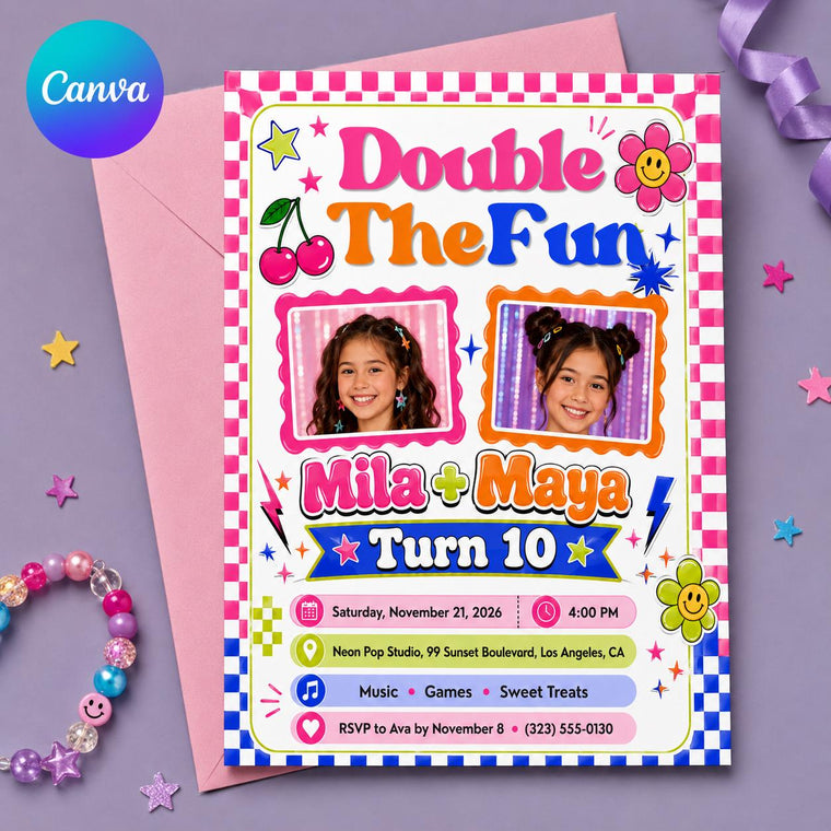 Colorful Retro Double 10th Birthday Invitation for Girls