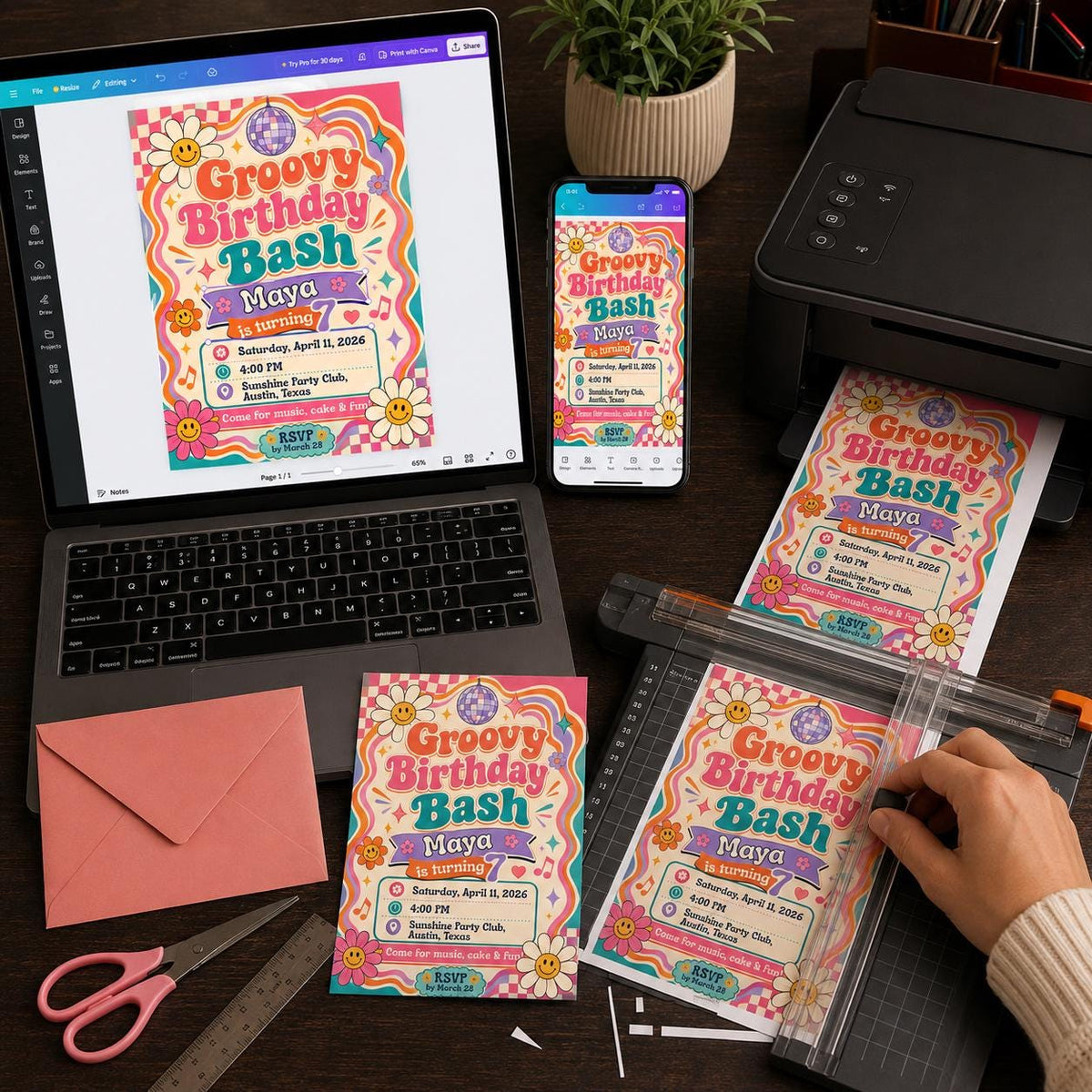 Colorful Retro Groovy 7th Birthday Invitation for Girls — print-ready 7th birthday party design from VoltBy