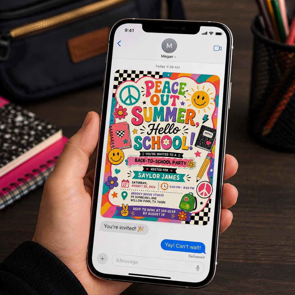 Colorful Retro Groovy Back to School Party Invitation — digital invitation, instant download