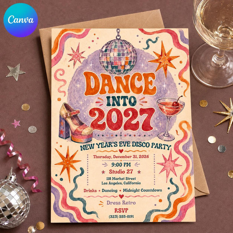 Colorful Retro New Year's Eve Disco Invitation