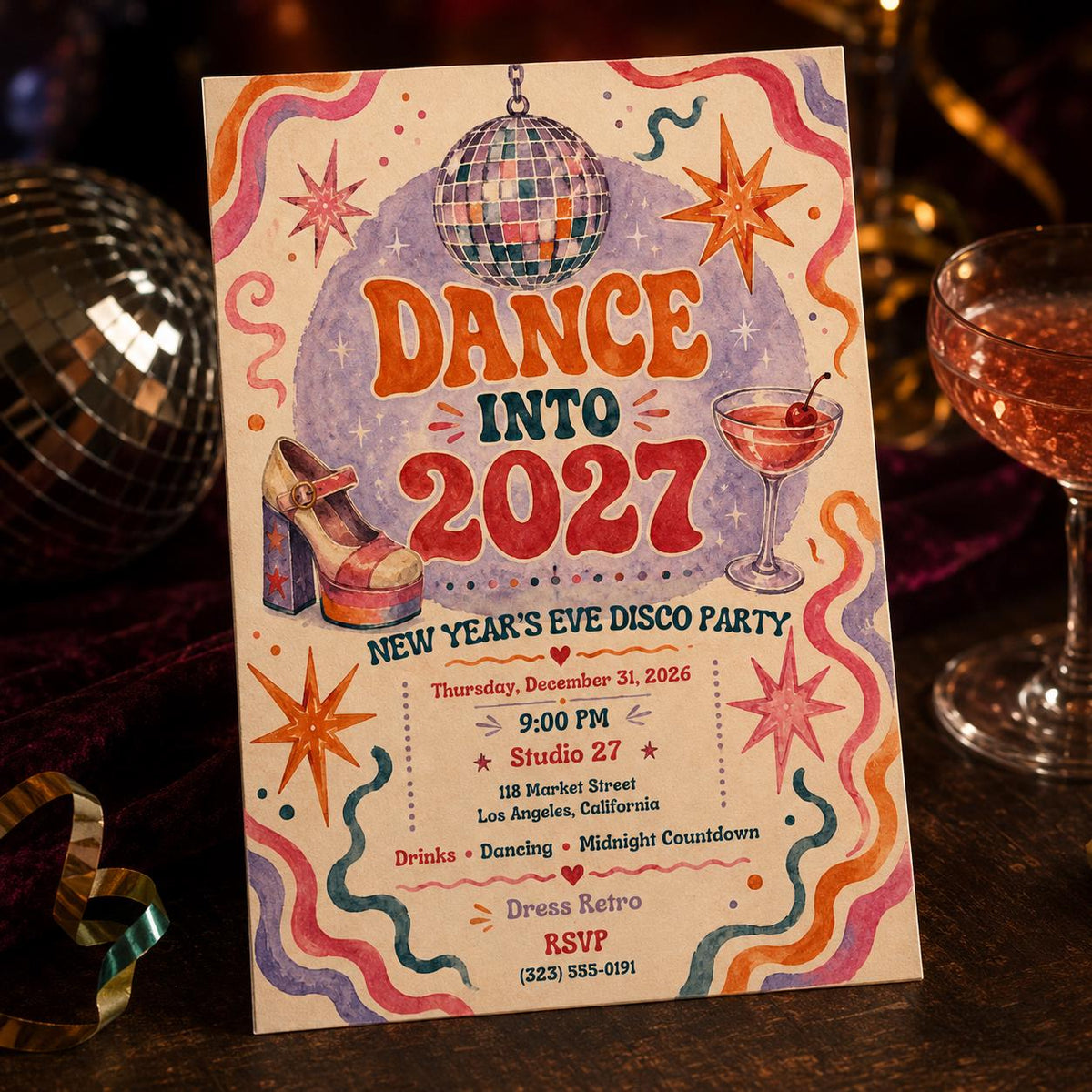 Colorful Retro New Year's Eve Disco Invitation — digital invitation, instant download
