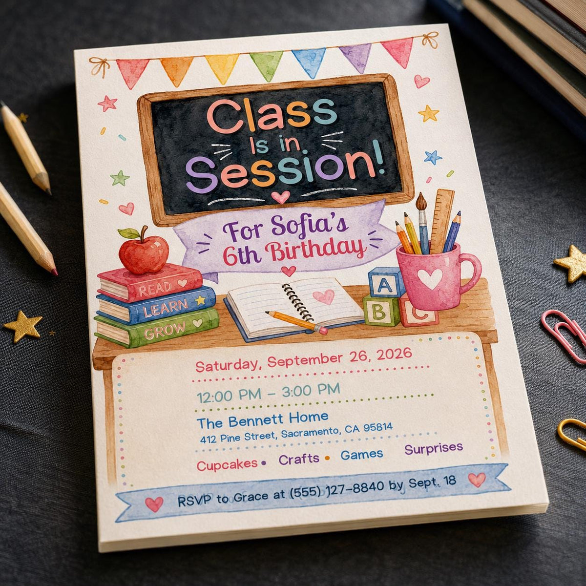 Colorful School 6th Birthday Invitation: Class Is in Session 6th Birthday — 6th birthday party stationery by VoltBy