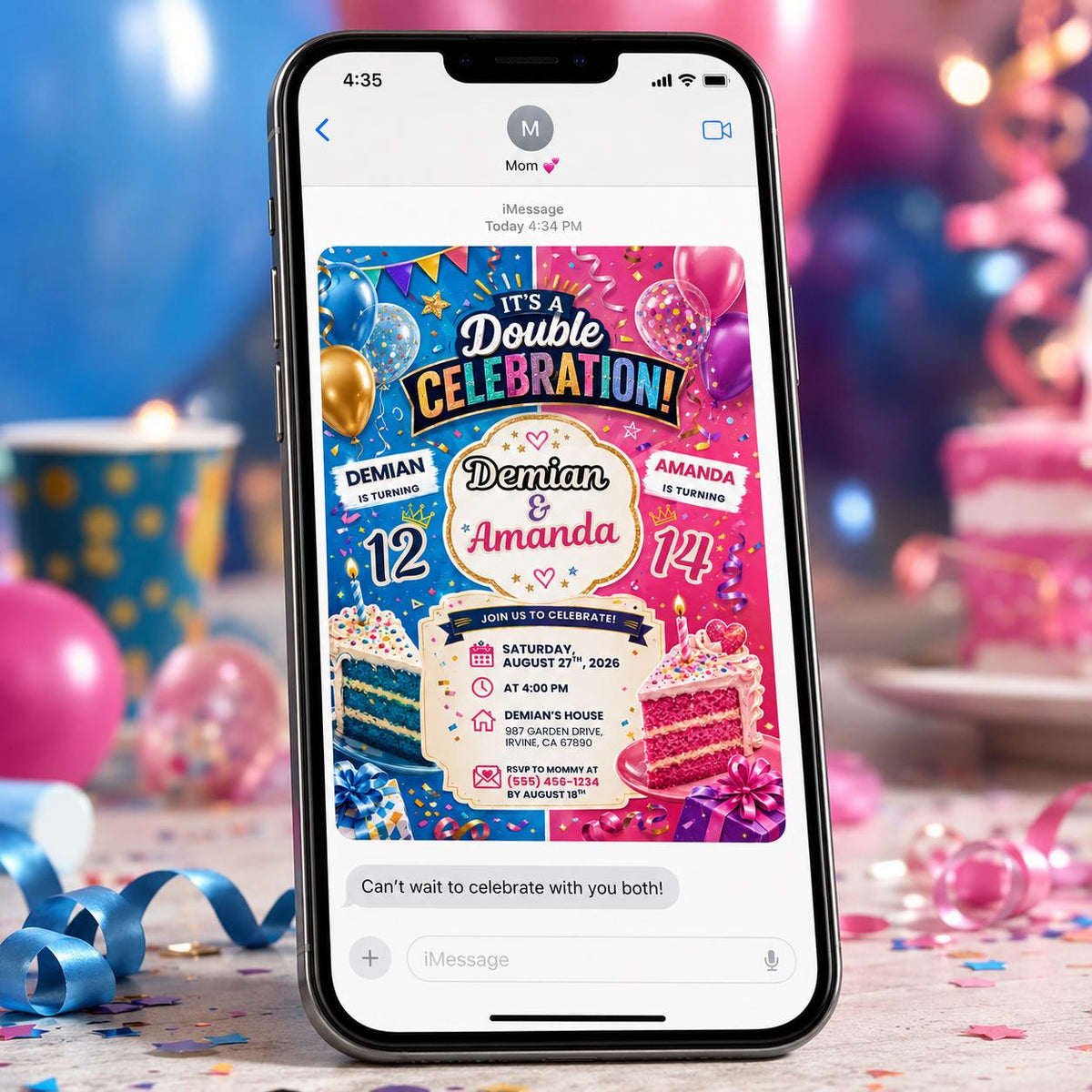 Colorful Sibling Birthday Invitation for Girls — birthday party stationery by VoltBy