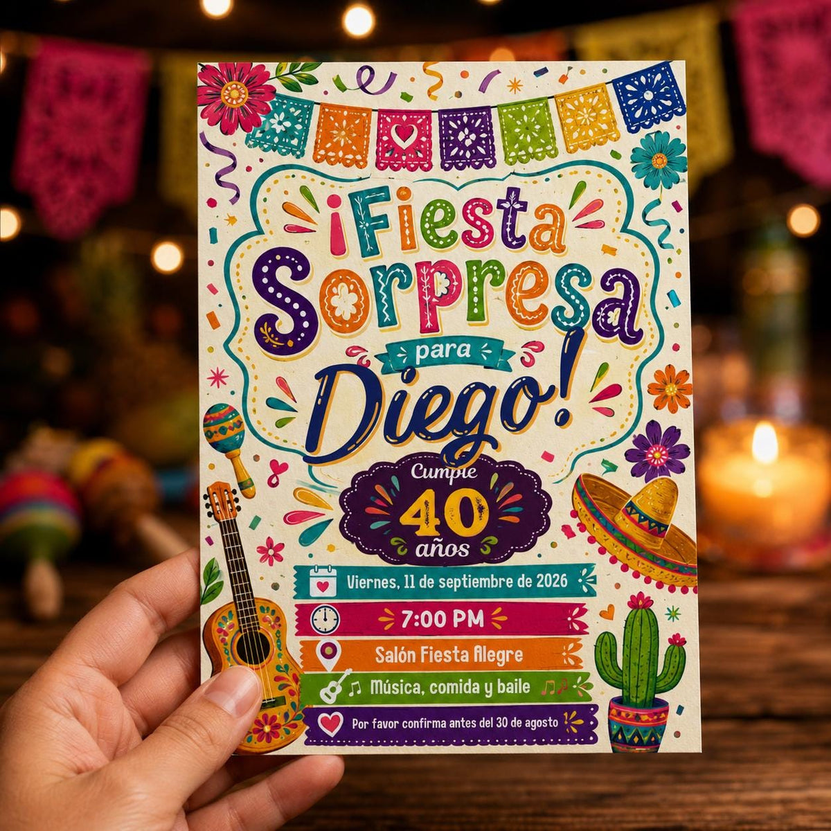 Colorful Spanish 40th Birthday Invitation — digital invitation, instant download