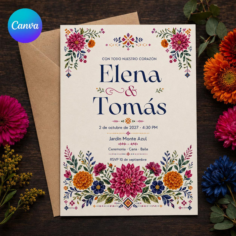 Colorful Spanish Mexican Floral Wedding Invitation