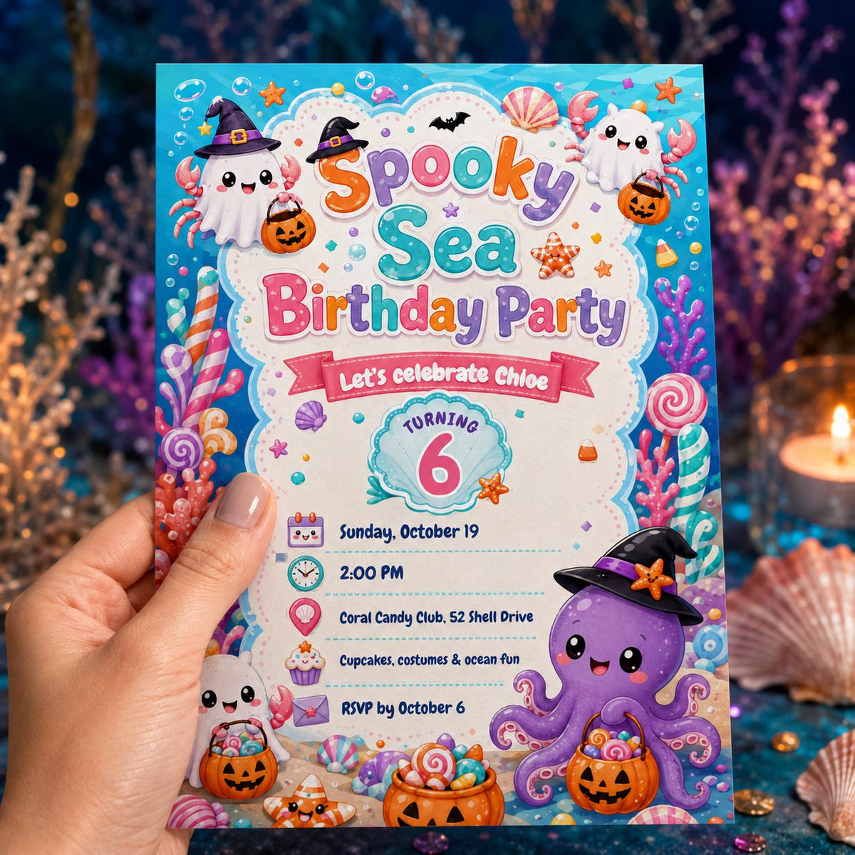 Colorful Spooky Sea 6th Birthday Invitation — digital invitation, instant download