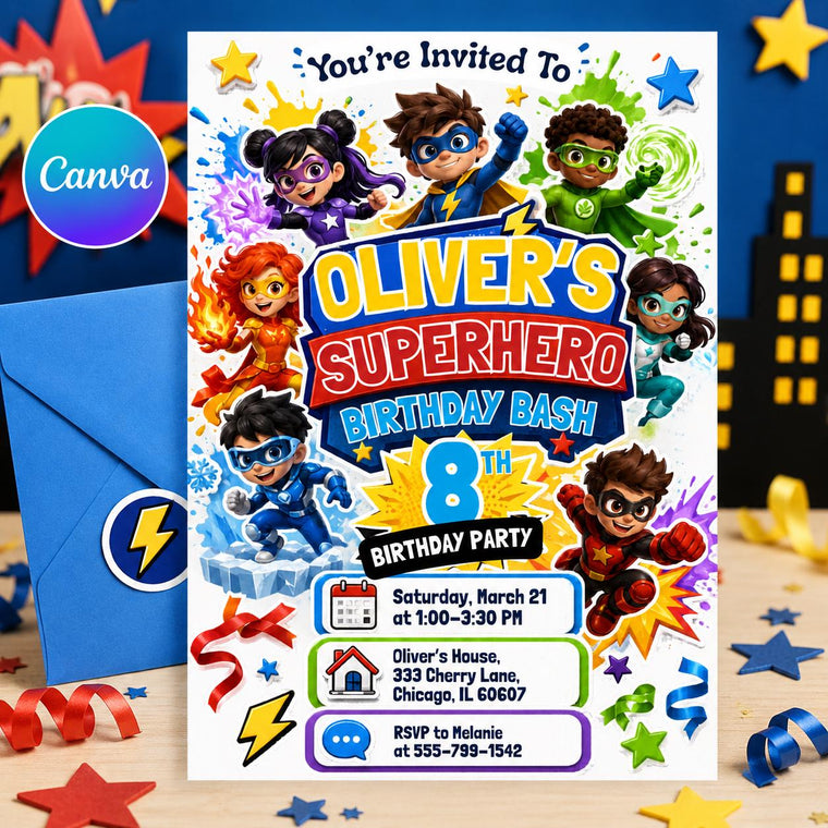 Colorful Superhero Team 8th Birthday Invitation