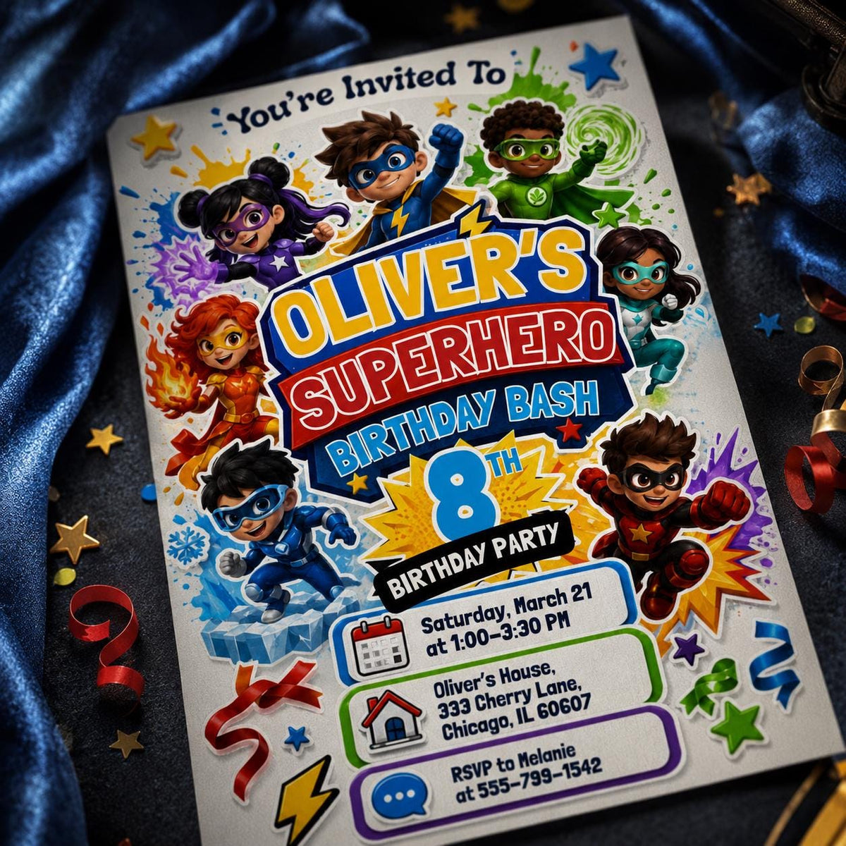 Colorful Superhero Team 8th Birthday Invitation — print-ready 8th birthday party design from VoltBy