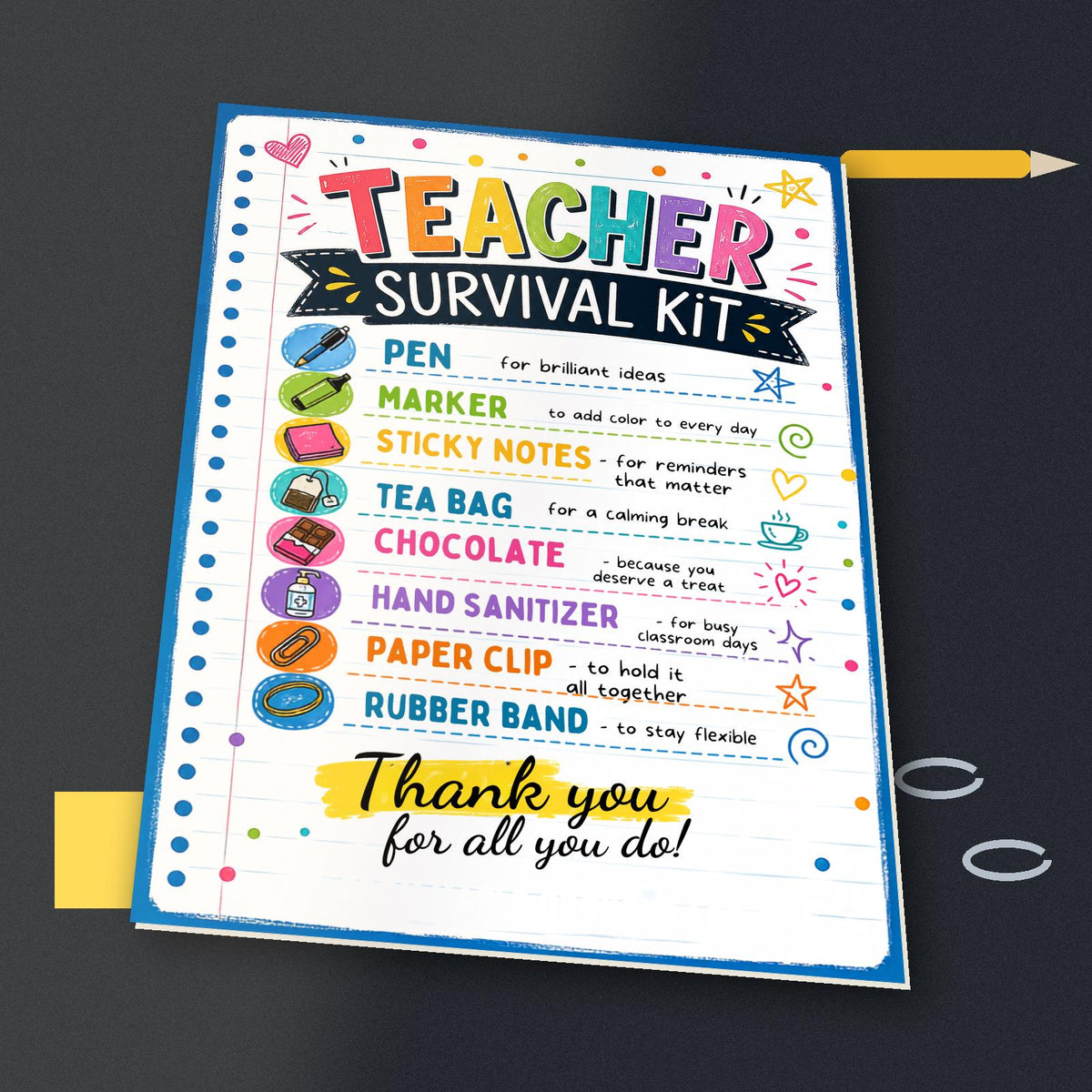 Colorful Teacher Survival Kit Appreciation Sign — digital teacher printable, instant download