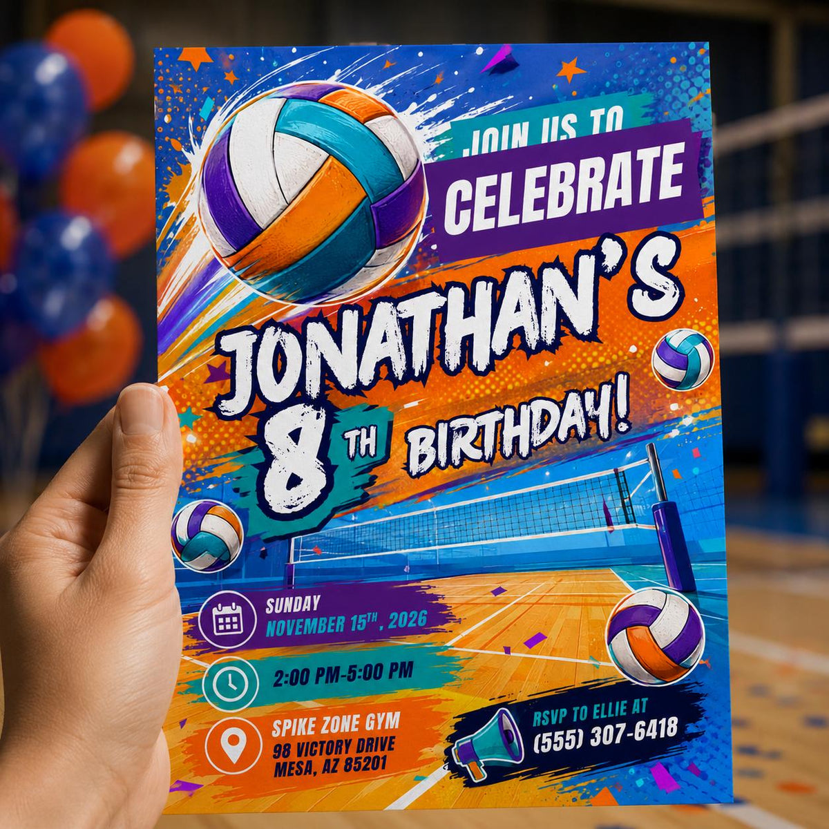 Colorful Volleyball 8th Birthday Invitation for Girls — digital invitation, instant download