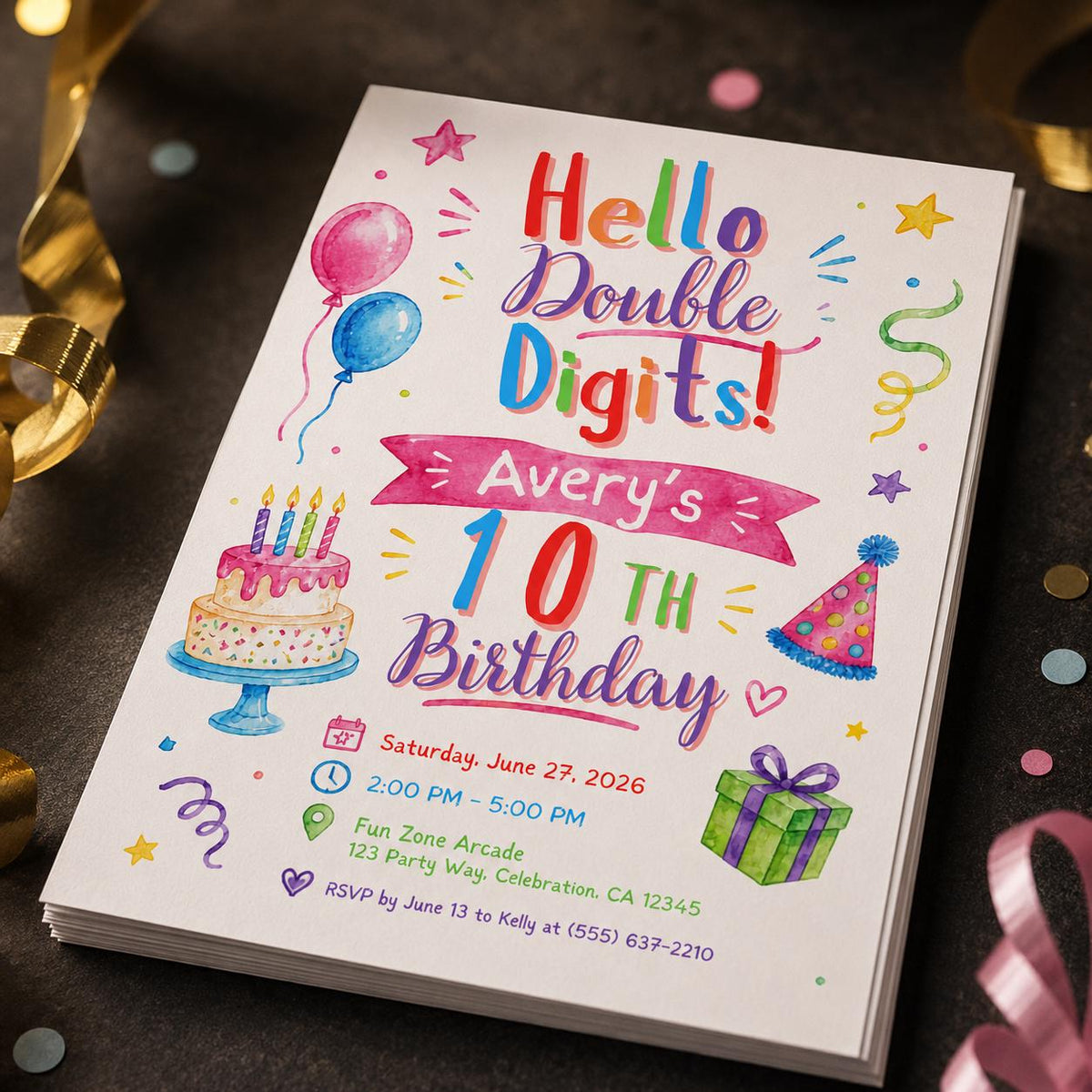 Colorful Watercolor 10th Birthday Invitation: Double Digits Party — 10th birthday party stationery by VoltBy