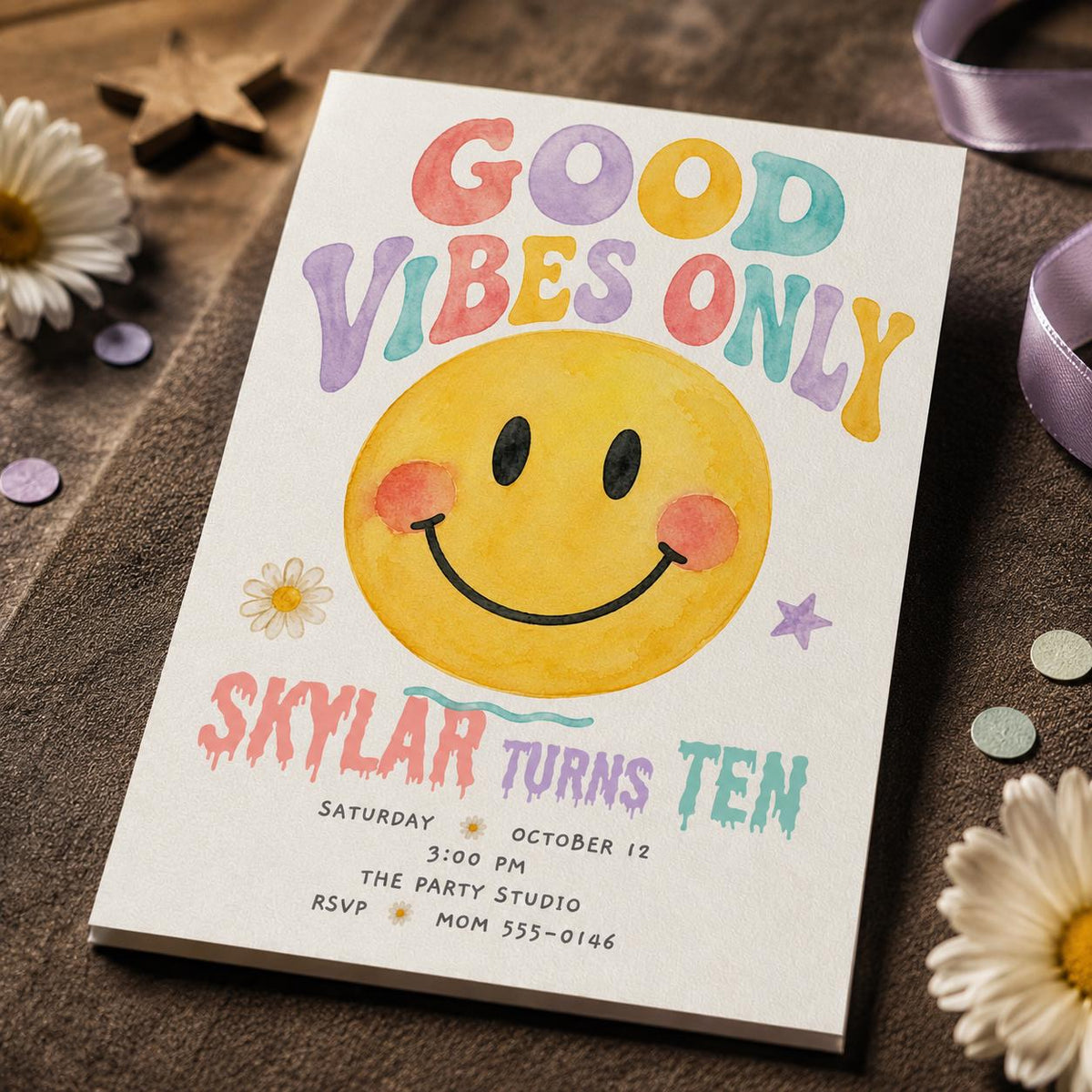 Colorful Watercolor 10th Birthday Invitation: Good Vibes Smiley Face Party — digital invitation, instant download