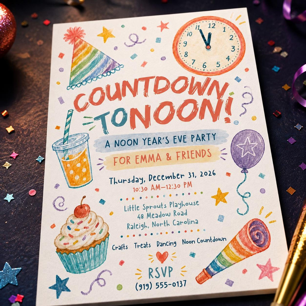 Colorful Watercolor Noon Year's Eve Invitation — New Year party stationery by VoltBy