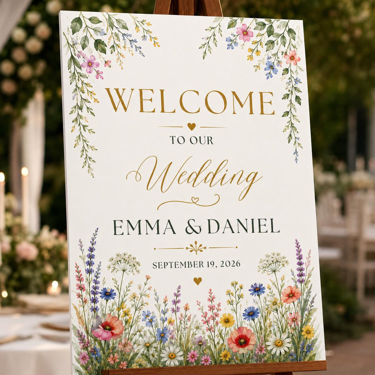 Colorful Watercolor Wildflower Wedding Welcome Sign — print-ready wedding design from VoltBy
