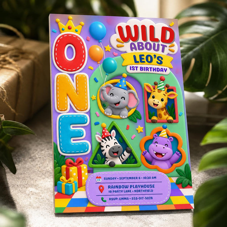 Colorful Wild One First Birthday Invitation