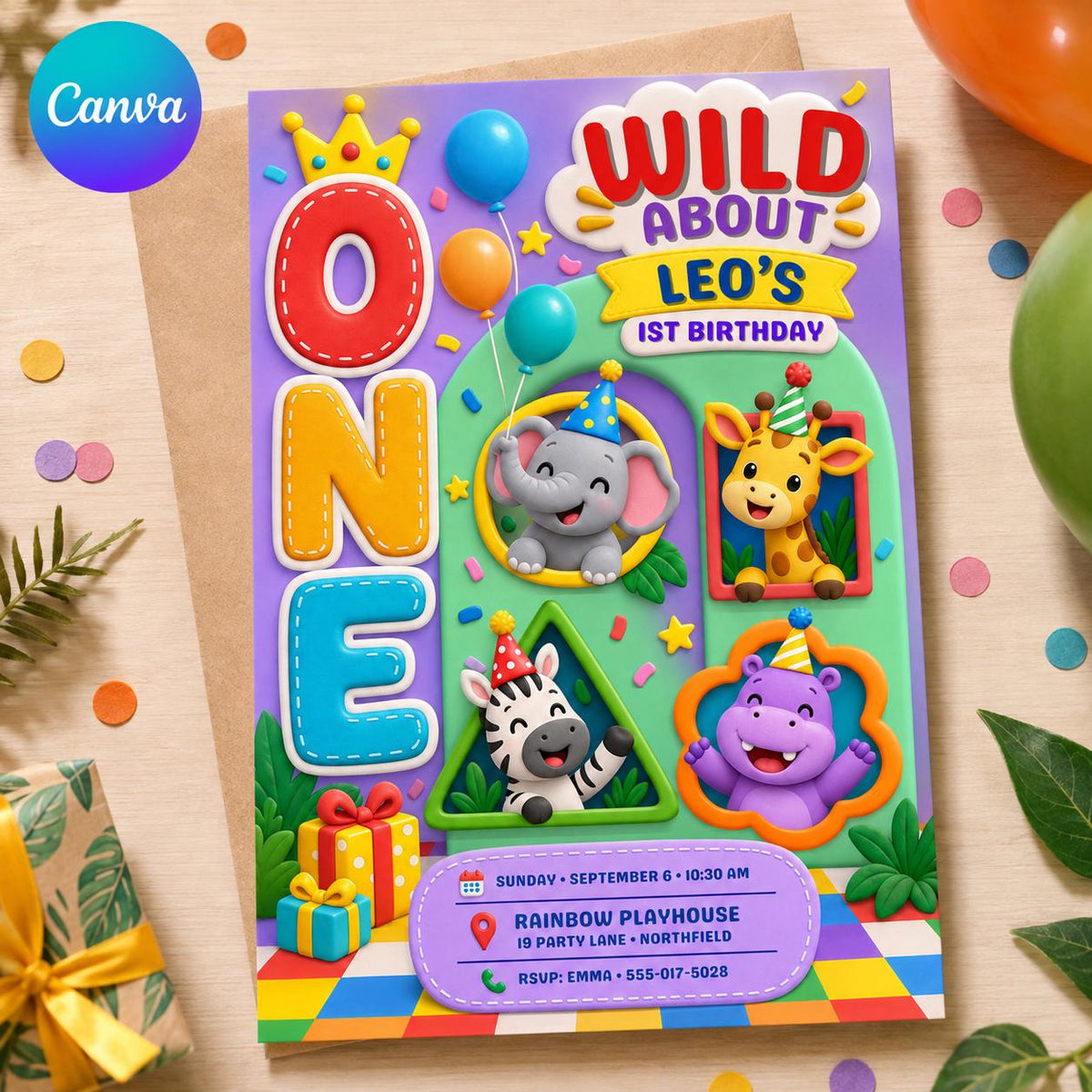 Colorful Wild One First Birthday Invitation — digital invitation, instant download