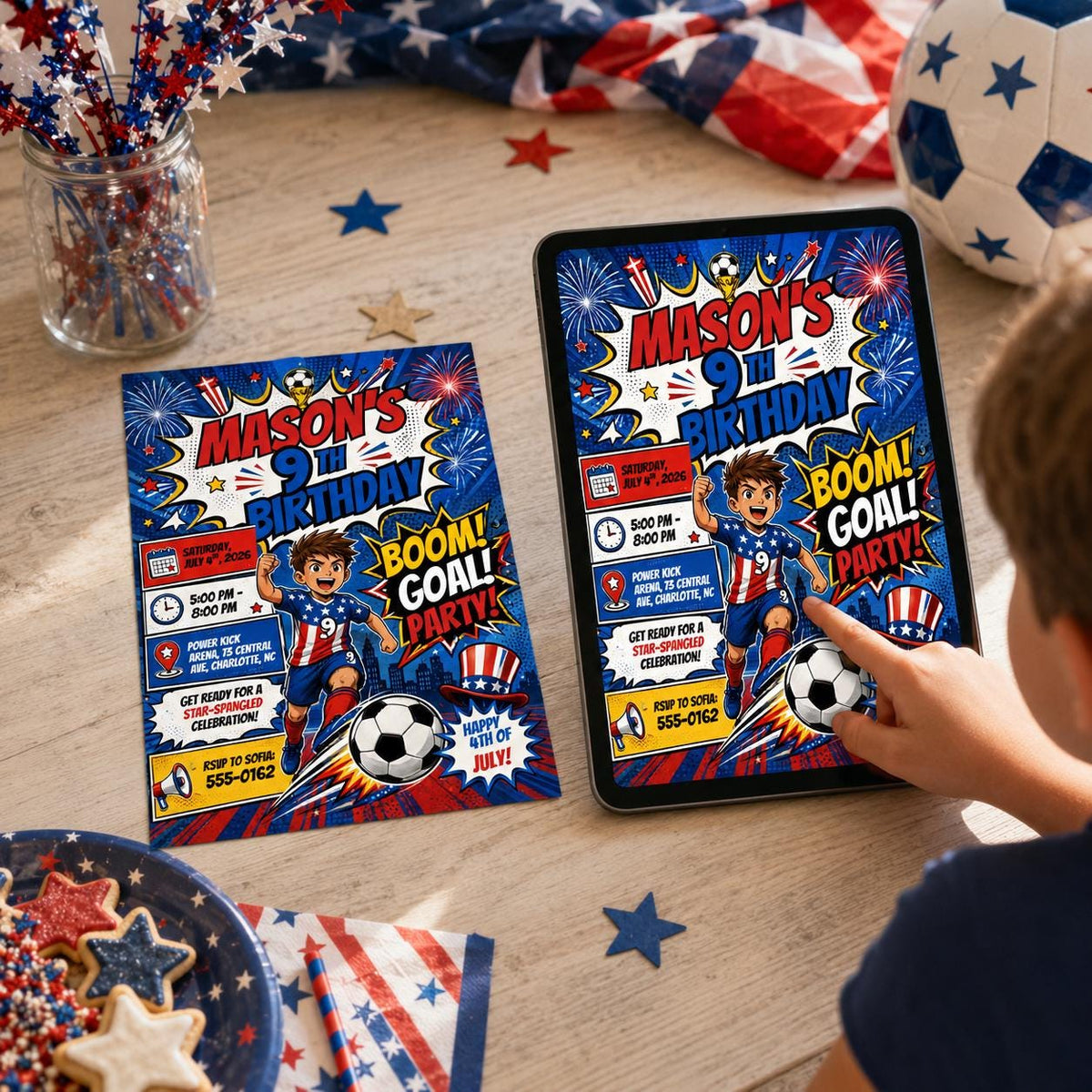 Comic Book 4th of July Soccer 9th Birthday Invitation for Boys — digital invitation, instant download