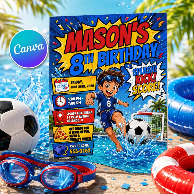 Comic Book Soccer Pool Party 8th Birthday Invitation for Boys