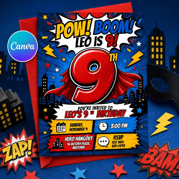 Comic Book Superhero 9th Birthday Invitation