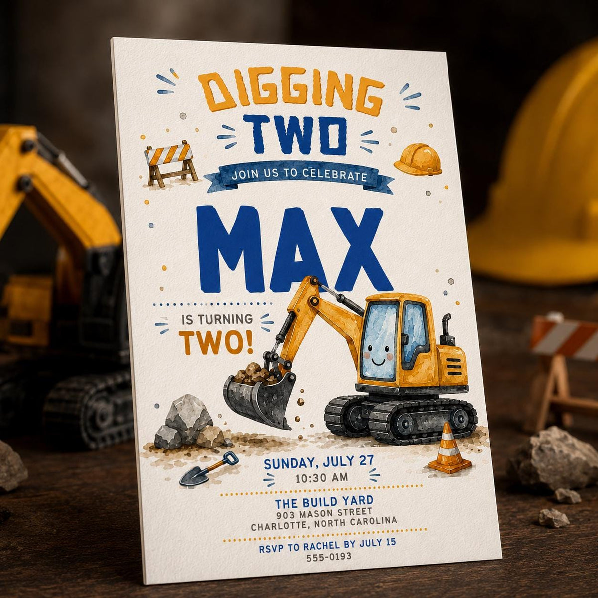 Construction 2nd Birthday Invitation: Digging Two 2nd Birthday Party — 2nd birthday party stationery by VoltBy