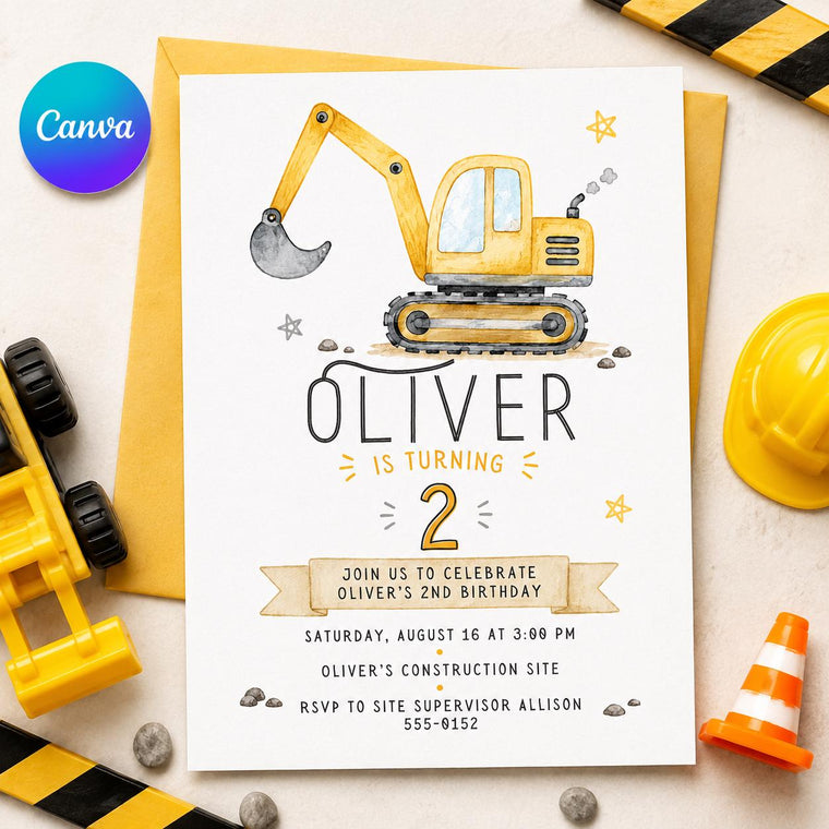 Construction 2nd Birthday Invitation: Excavator Truck 2nd Birthday Party