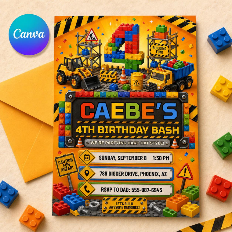 Construction Block Party 4th Birthday Invitation for Boys