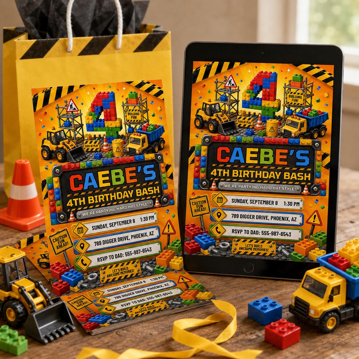 Construction Block Party 4th Birthday Invitation for Boys — printable invitation from VoltBy
