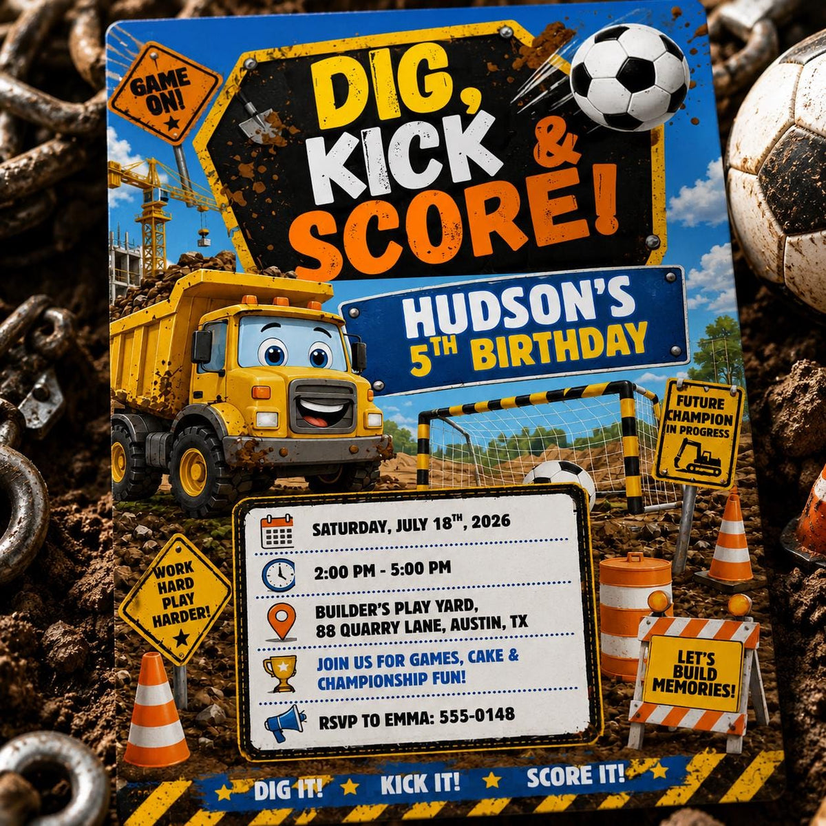 Construction Dig Kick And Score 5th Birthday Invitation for Boys — digital invitation, instant download