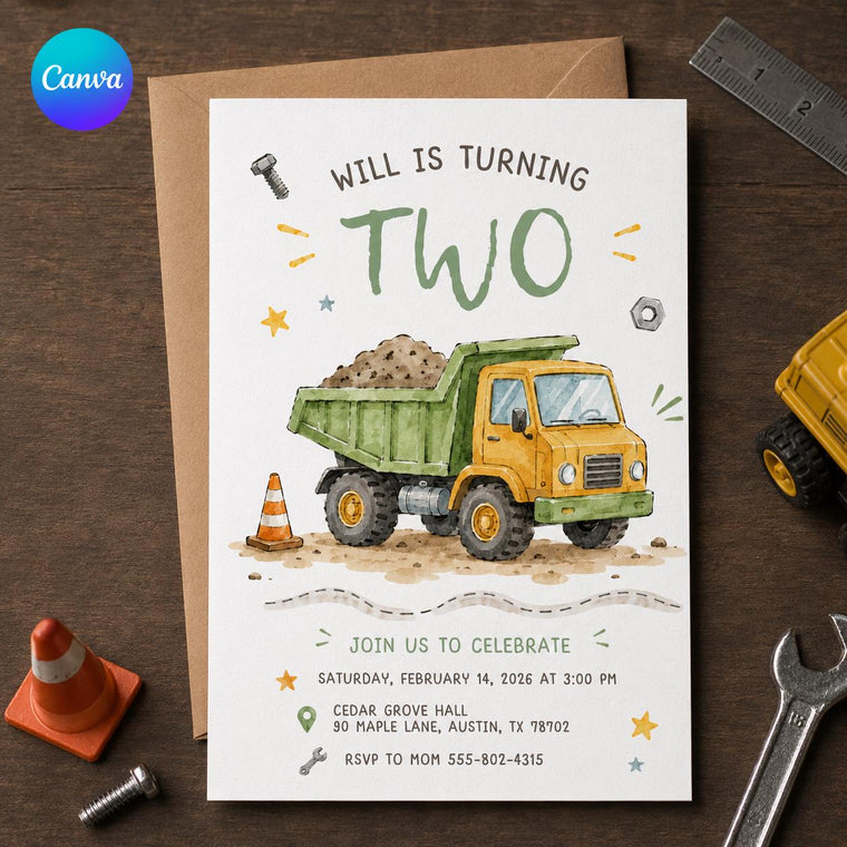 Construction Dump Truck 2nd Birthday Invitation for Boys