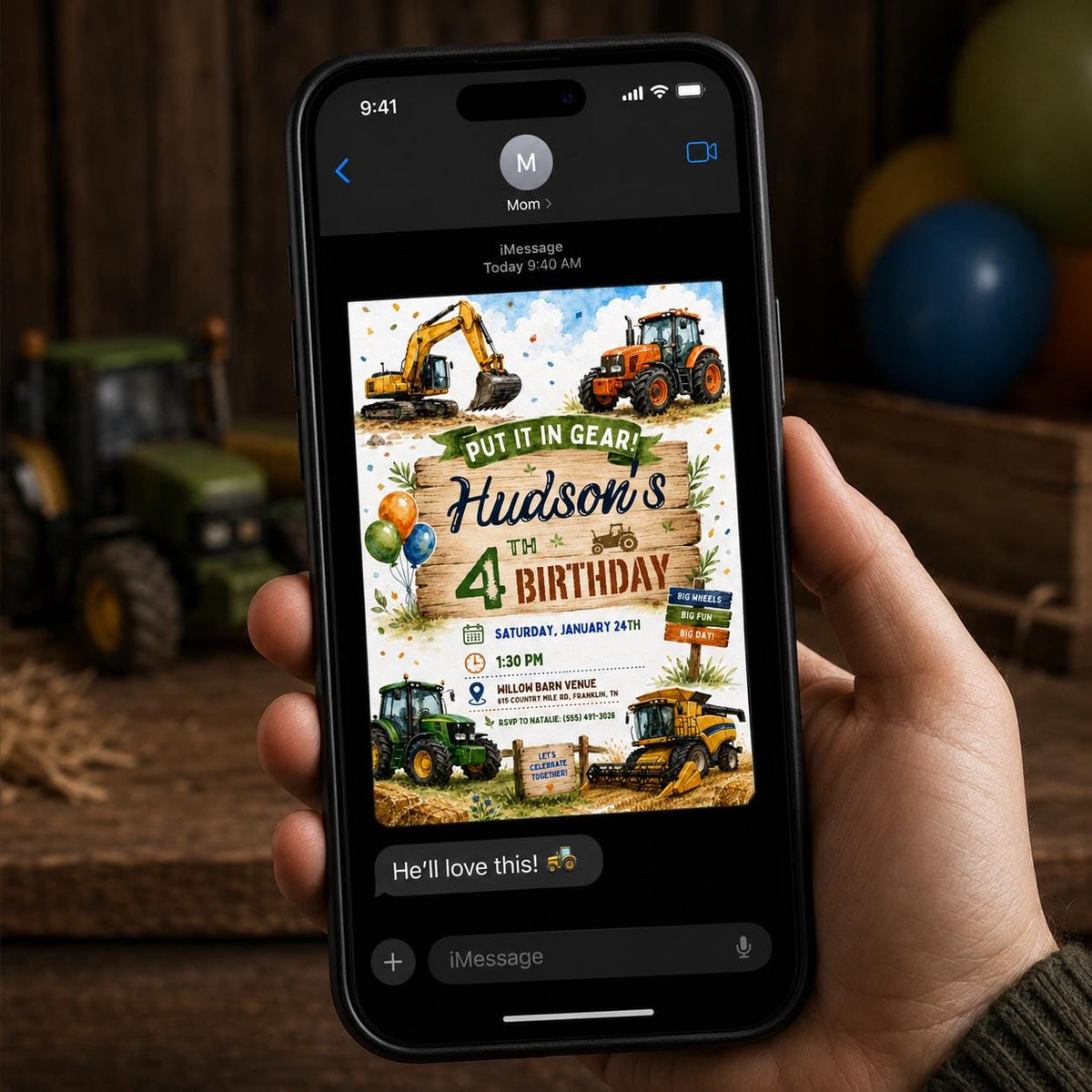 Construction Tractor 4th Birthday Invitation for Boys — digital invitation, instant download