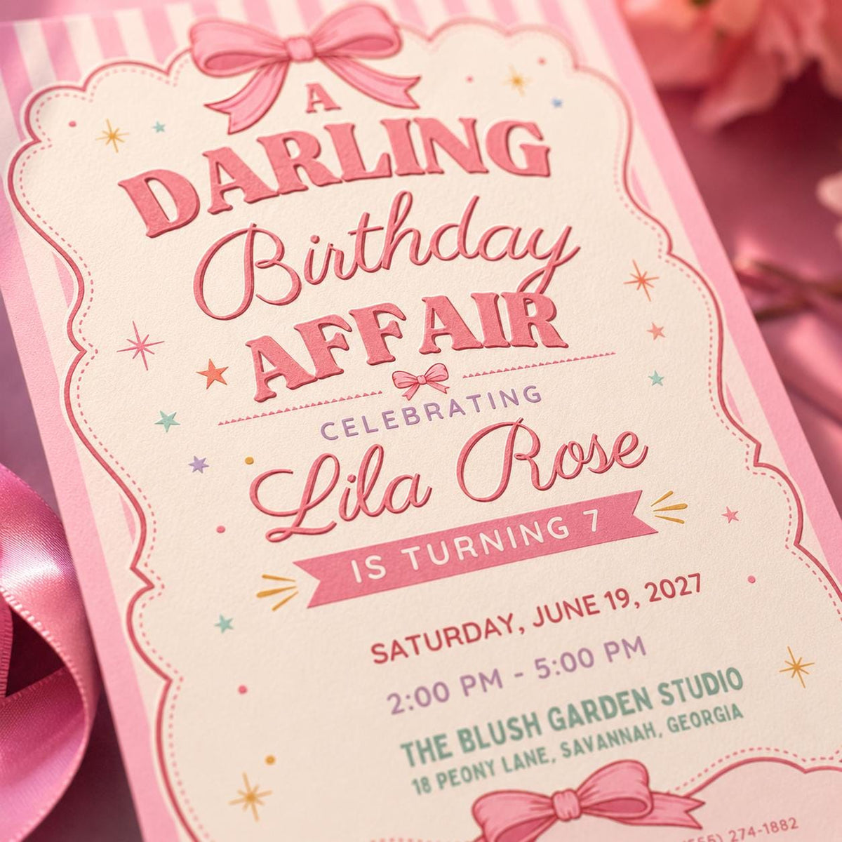 Coquette Pink Bow Birthday Invitation for Girls — birthday party stationery by VoltBy