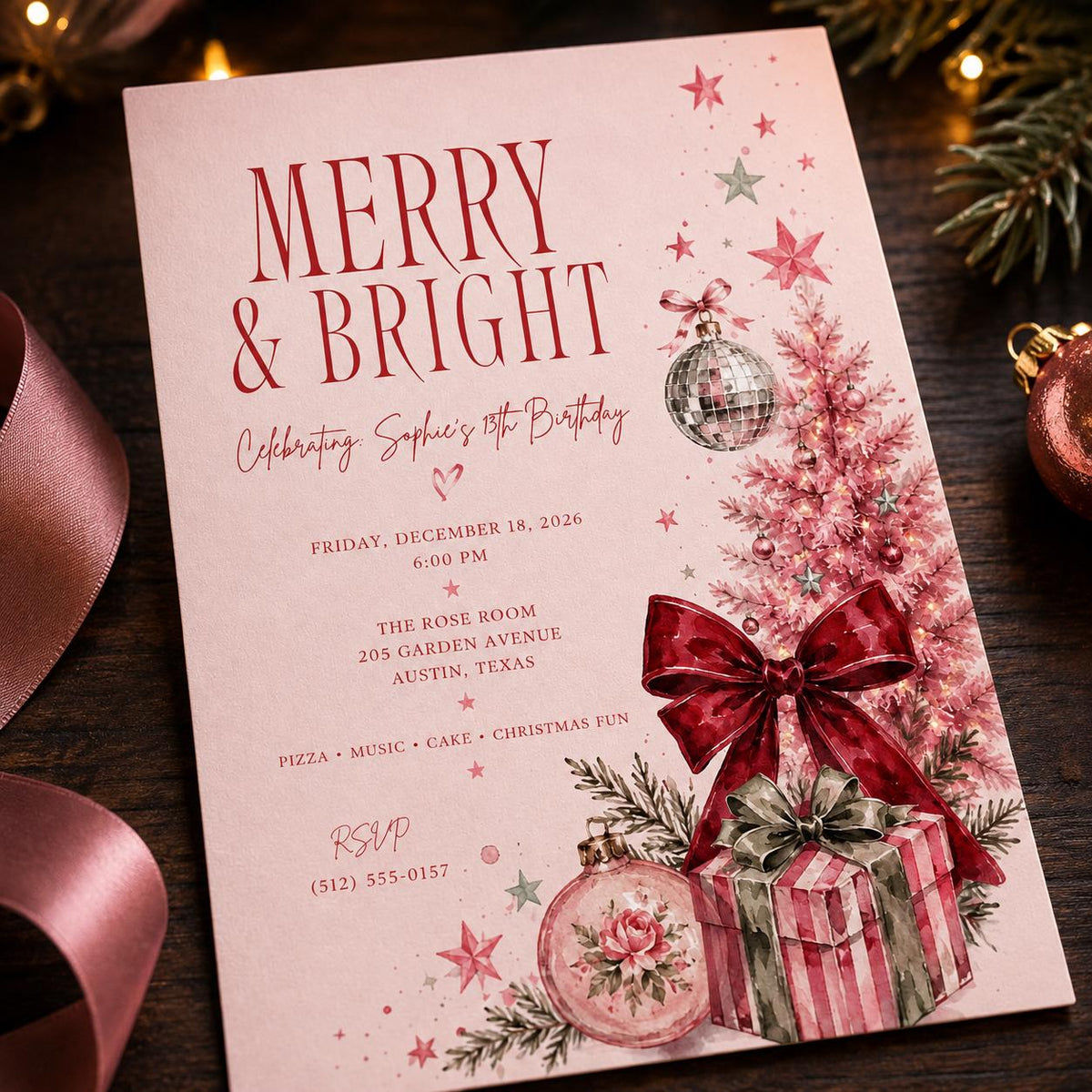 Coquette Pink Christmas 13th Birthday Invitation for Girls — 13th birthday party stationery by VoltBy