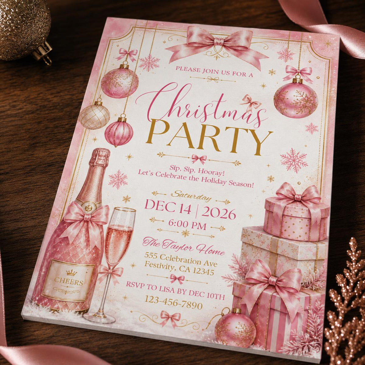 Coquette Pink Christmas Party Invitation for Girls — digital invitation, instant download