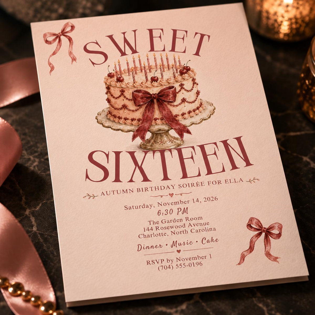 Coquette Sweet 16 Birthday Invitation — digital invitation, instant download