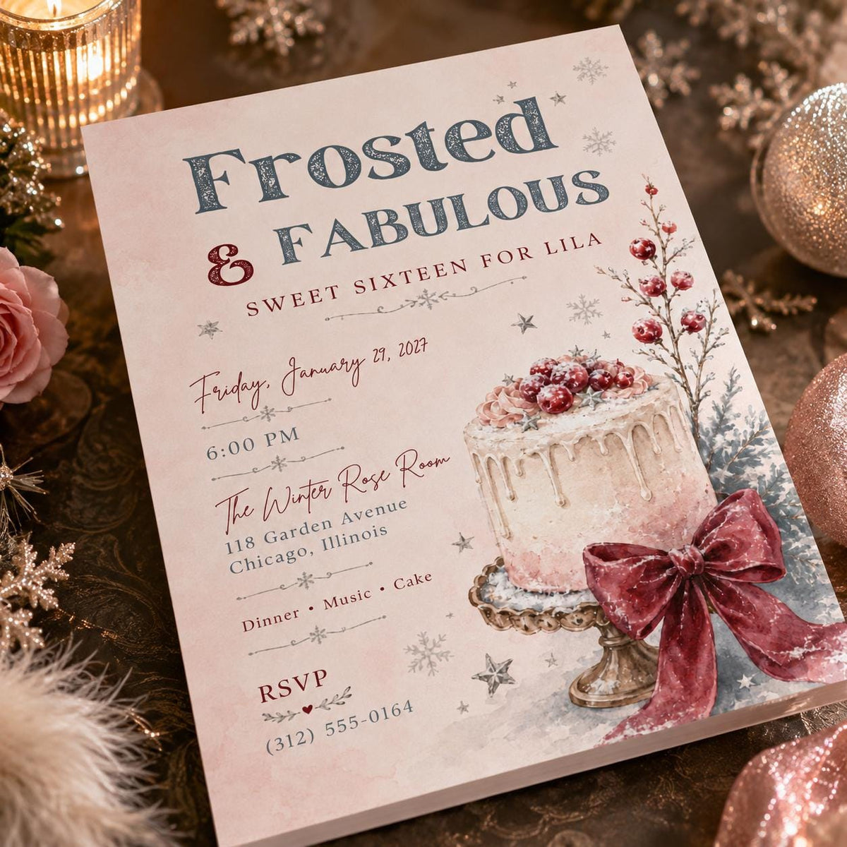Coquette Winter Sweet 16 Invitation — digital invitation, instant download