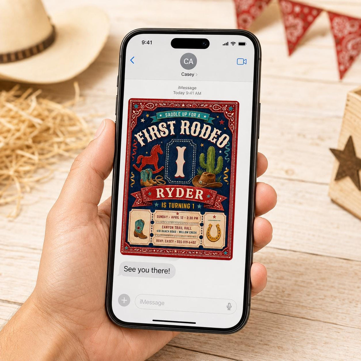 Cowboy First Rodeo Birthday Invitation: Wild West Western Party — first birthday stationery by VoltBy