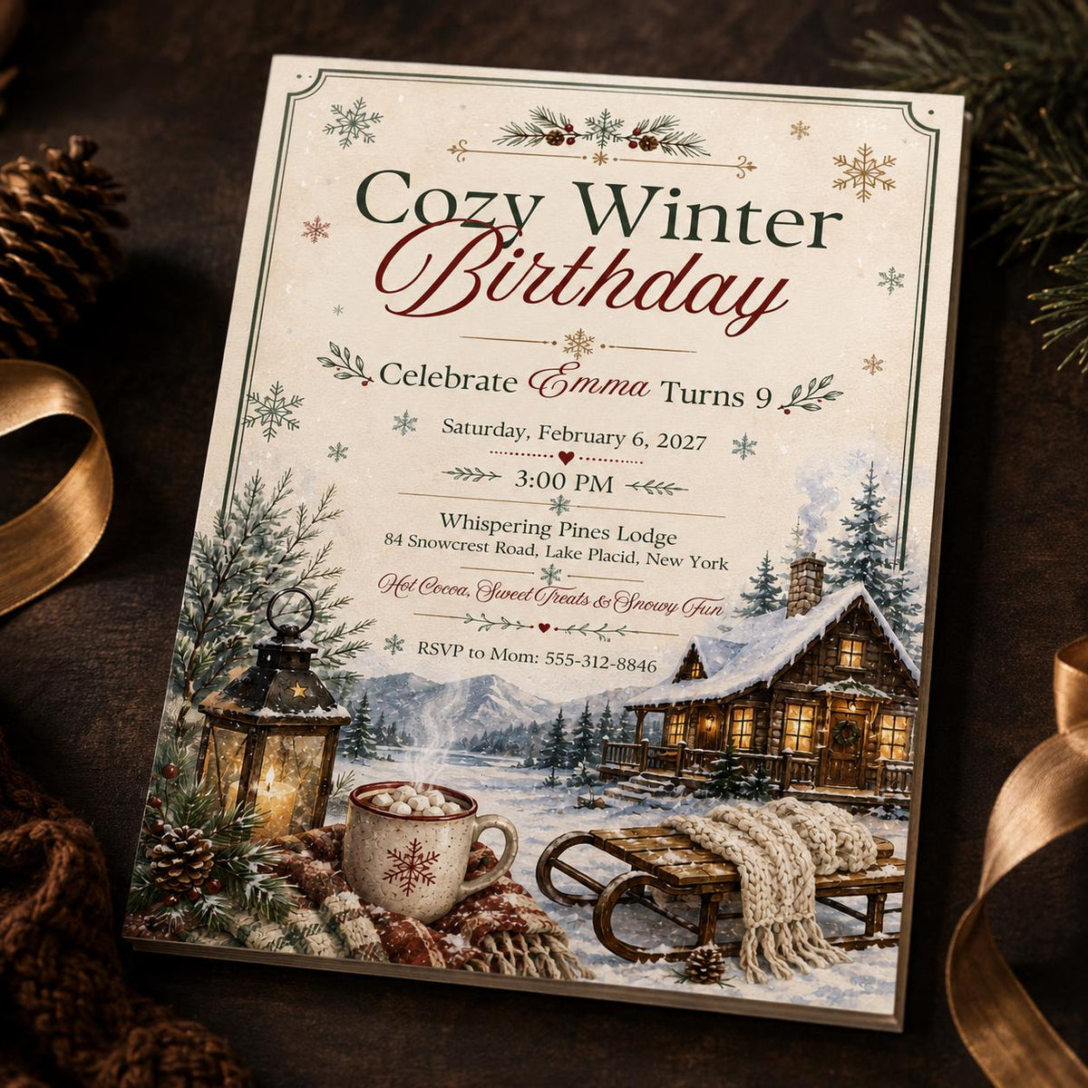 Cozy Winter 9th Birthday Invitation — 9th birthday party stationery by VoltBy