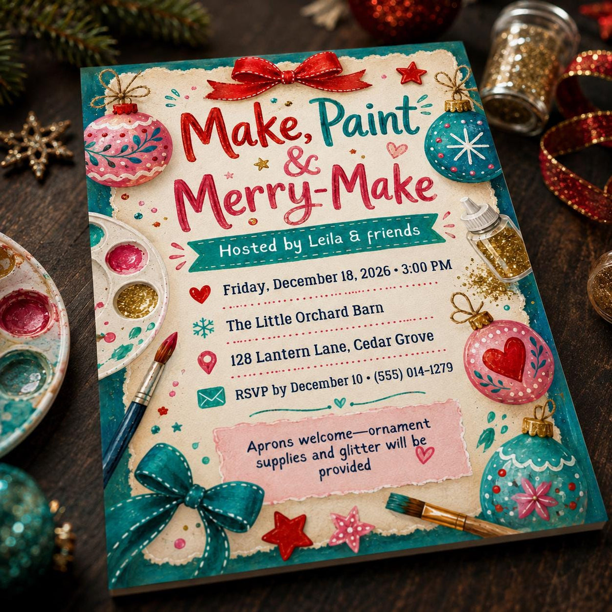 Craft Christmas Ornament Painting Party Invitation — digital invitation, instant download