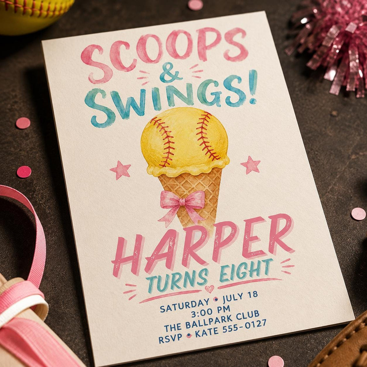 Cream and Pink Softball 8th Birthday Invitation for Girls — digital invitation, instant download