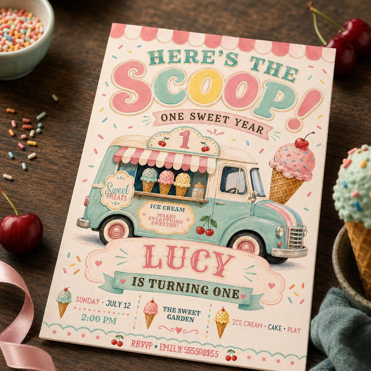 Cream Pastel 1st Birthday Invitation — digital invitation, instant download
